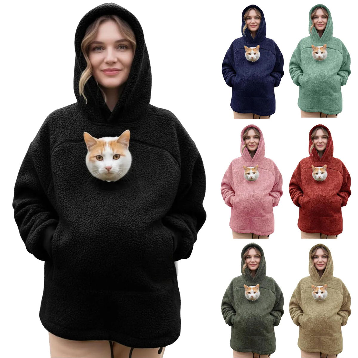 Oversized Fleece Hoodie with Front Pet Pouch for Cats and Small Dogs