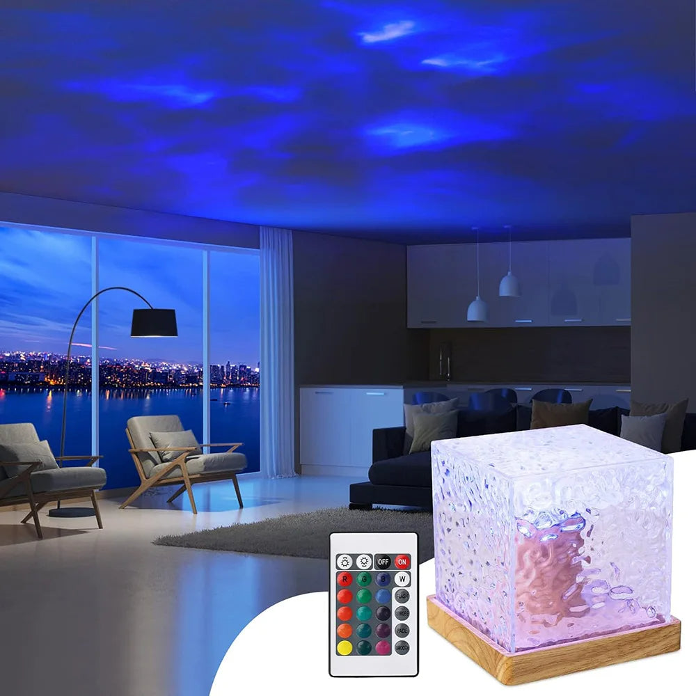 Dynamic Rotating Water Ripple Projector Night Light 3/16 Colors Flame Crystal Lamp