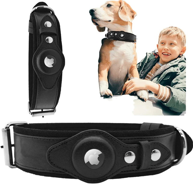 Premium Leather AirTag Dog Collar – Adjustable Pet Tracker Collar with Built-in AirTag Holder for Dogs