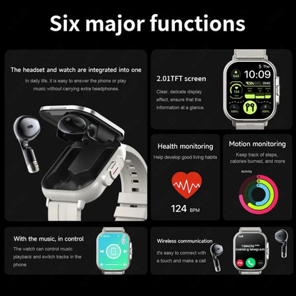 2-in-1 Smartwatch with Wireless Earbuds, Fitness Tracker, Bluetooth, Waterproof, Android iOS