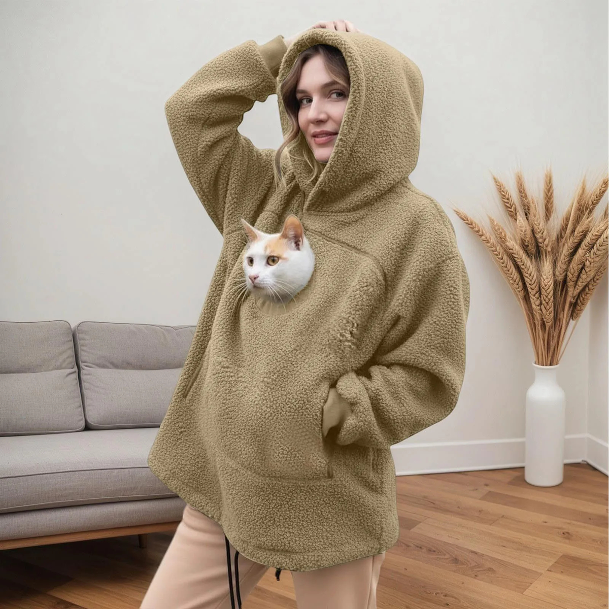 Oversized Fleece Hoodie with Front Pet Pouch for Cats and Small Dogs