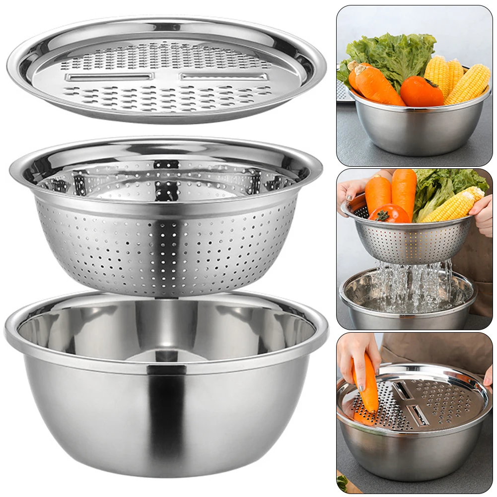 3 Piece Stainless Steel Mixing Bowl Set with Colander and Grater Lid, 26cm