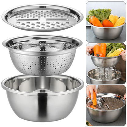 3 Piece Stainless Steel Mixing Bowl Set with Colander and Grater Lid, 26cm