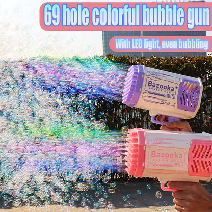 Bubble Gun Rocket 69 Holes Soap Bubbles Machine Gun Shape Automatic Blower With Light Toys