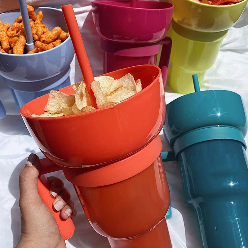 2 In 1 Snackies Cup Portable Splash Snack Bowl Chicken Storage Bowl with Handle Straw Cup