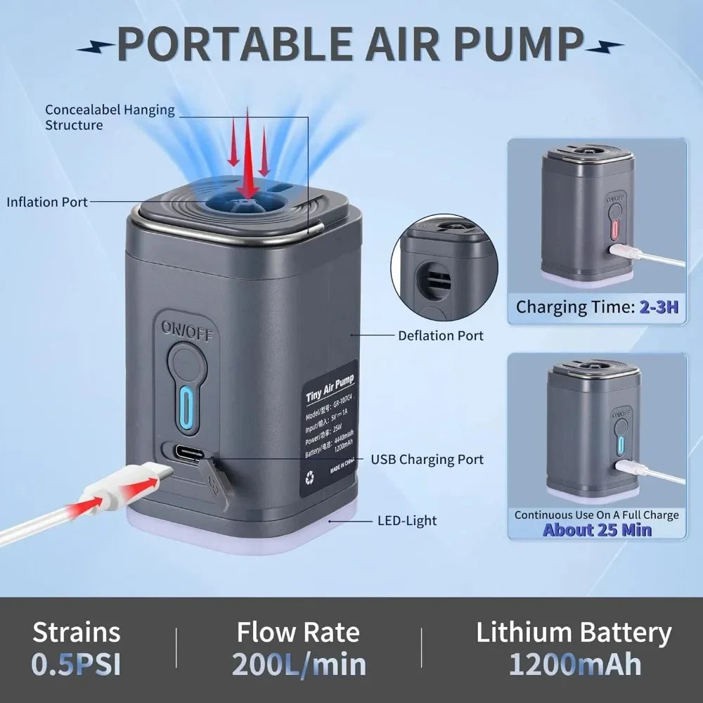 Mini Electric Air Pump Portable USB Rechargeable Inflator for Air Mattress, Pool Floats, Balloons