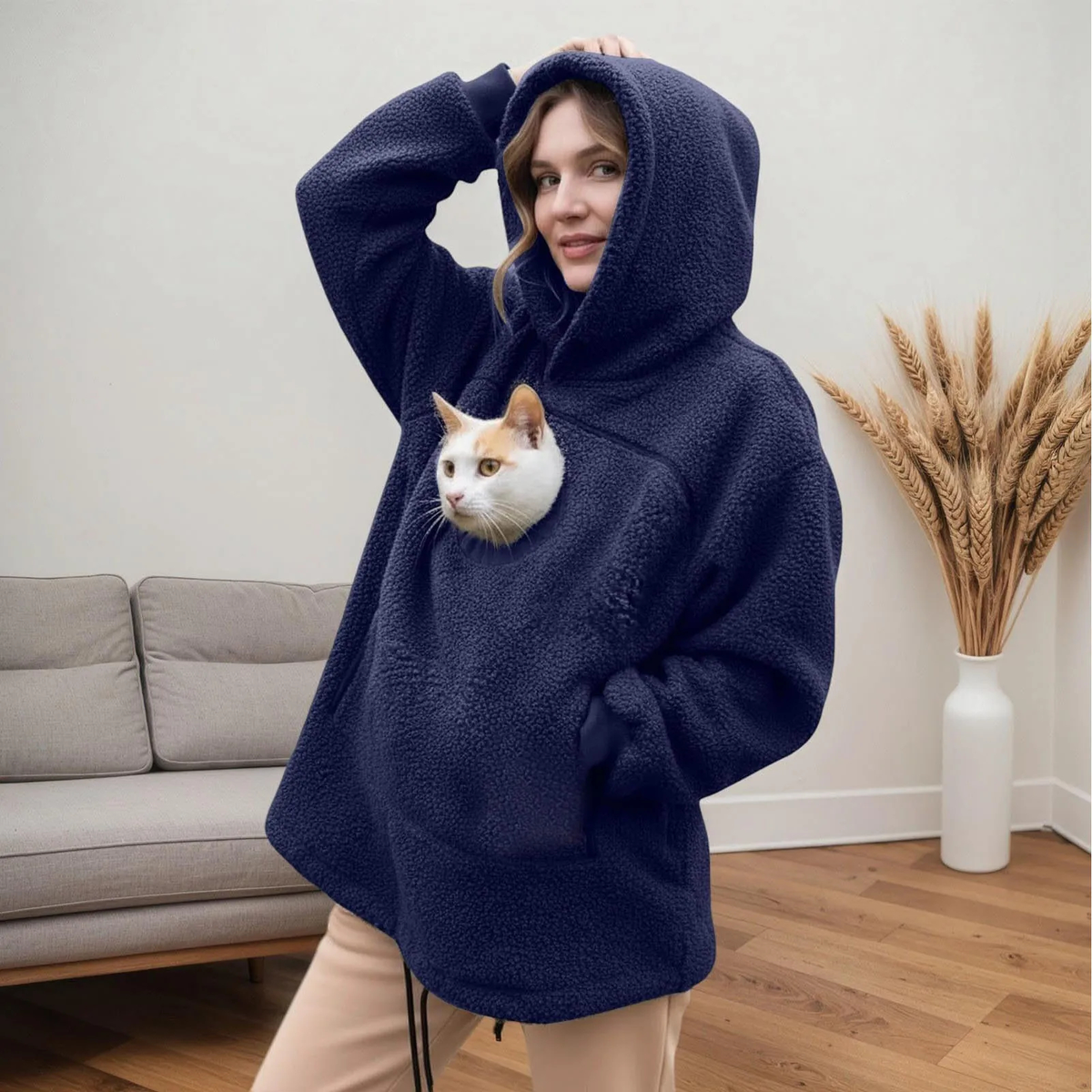 Oversized Fleece Hoodie with Front Pet Pouch for Cats and Small Dogs