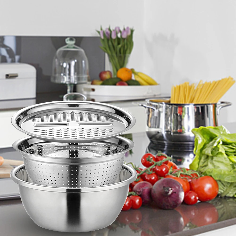 3 Piece Stainless Steel Mixing Bowl Set with Colander and Grater Lid, 26cm