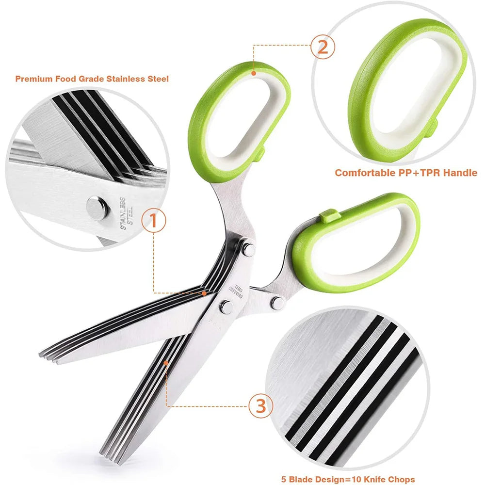 5-Blade Herb Scissors – Multipurpose Kitchen Shears for Cutting Vegetables, Herbs, Green Onions & Spices | Stainless Steel with Cleaning Comb