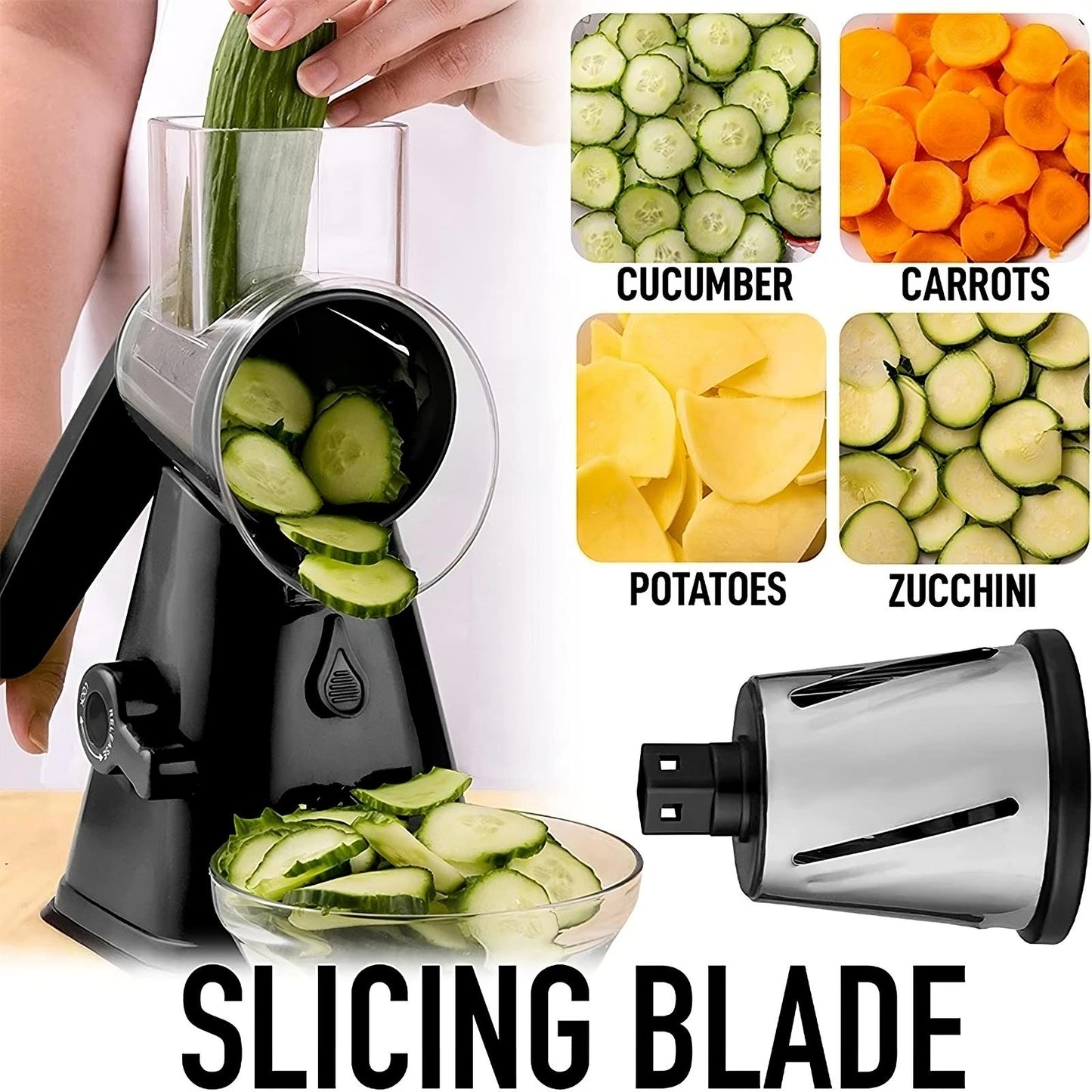 3-in-1 Rotary Cheese Grater & Vegetable Slicer - Manual Drum Grater for Cheese, Vegetables, Nuts & Fruits