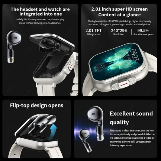 2-in-1 Smartwatch with Wireless Earbuds, Fitness Tracker, Bluetooth, Waterproof, Android iOS