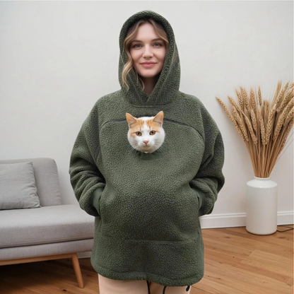Oversized Fleece Hoodie with Front Pet Pouch for Cats and Small Dogs