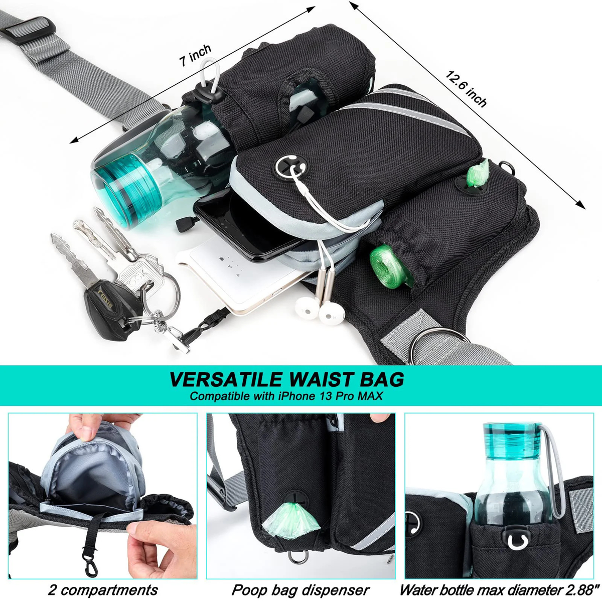 Hands Free Dog Walking Belt with Bungee Lead and Waste Bag Pouch