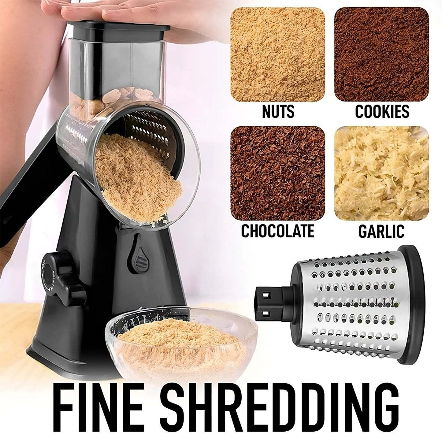 3-in-1 Rotary Cheese Grater & Vegetable Slicer - Manual Drum Grater for Cheese, Vegetables, Nuts & Fruits
