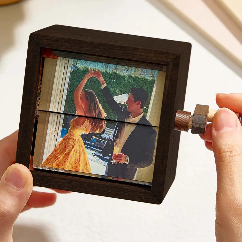 Hand Crank Photo Box – Vintage DIY Photo Album Music Box Gift for Birthday, Anniversary, or Keepsake Display