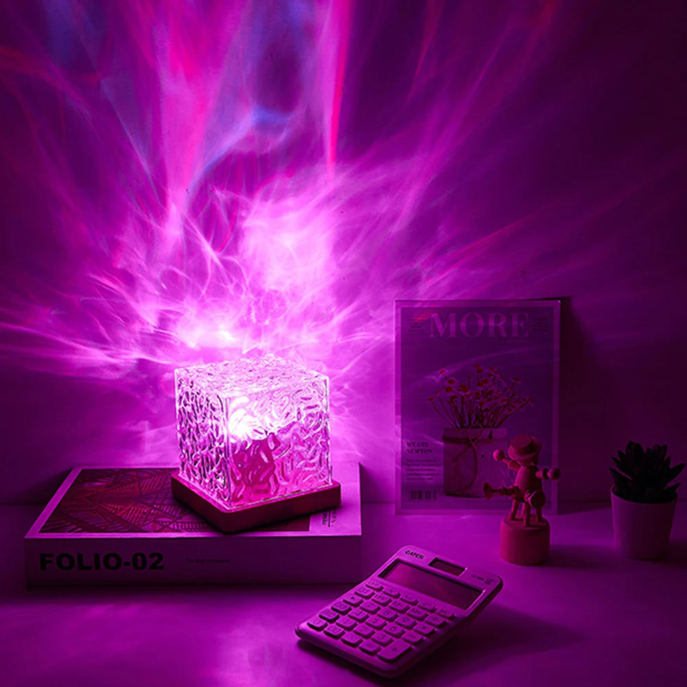 Dynamic Rotating Water Ripple Projector Night Light 3/16 Colors Flame Crystal Lamp