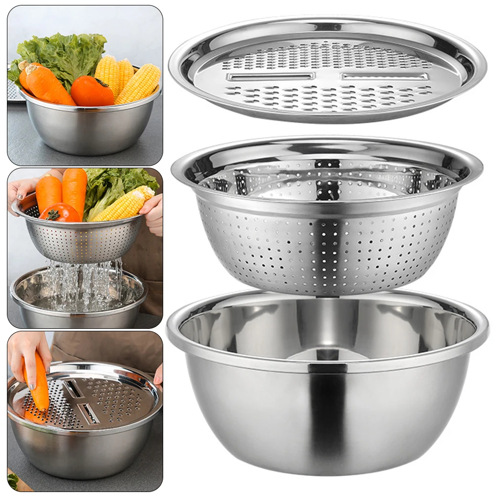 3 Piece Stainless Steel Mixing Bowl Set with Colander and Grater Lid, 26cm