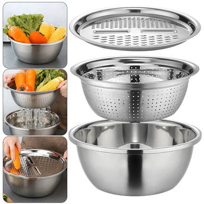 3 Piece Stainless Steel Mixing Bowl Set with Colander and Grater Lid, 26cm
