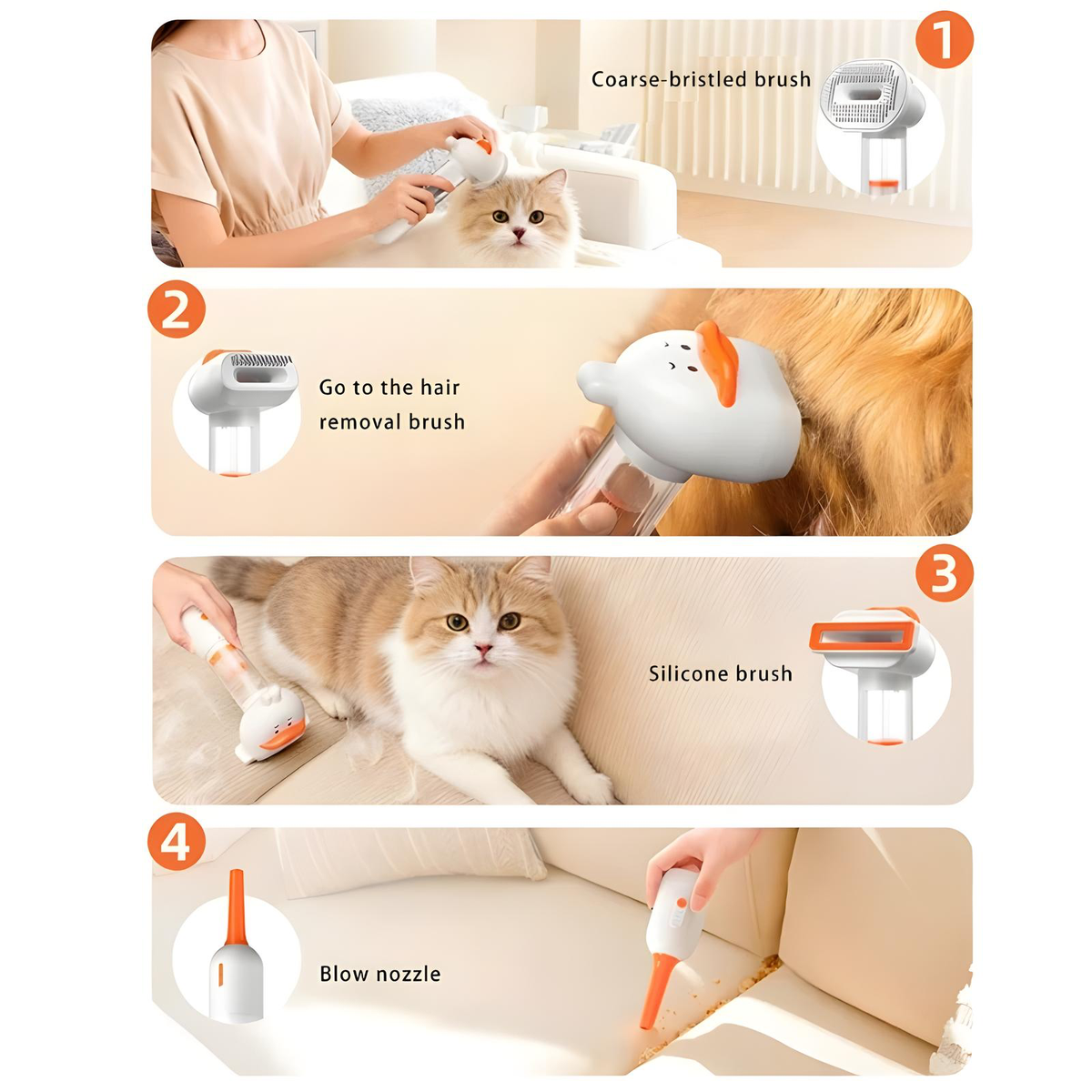 4 in 1 Electric Pet Grooming Brush with Vacuum Suction and Blow Nozzle