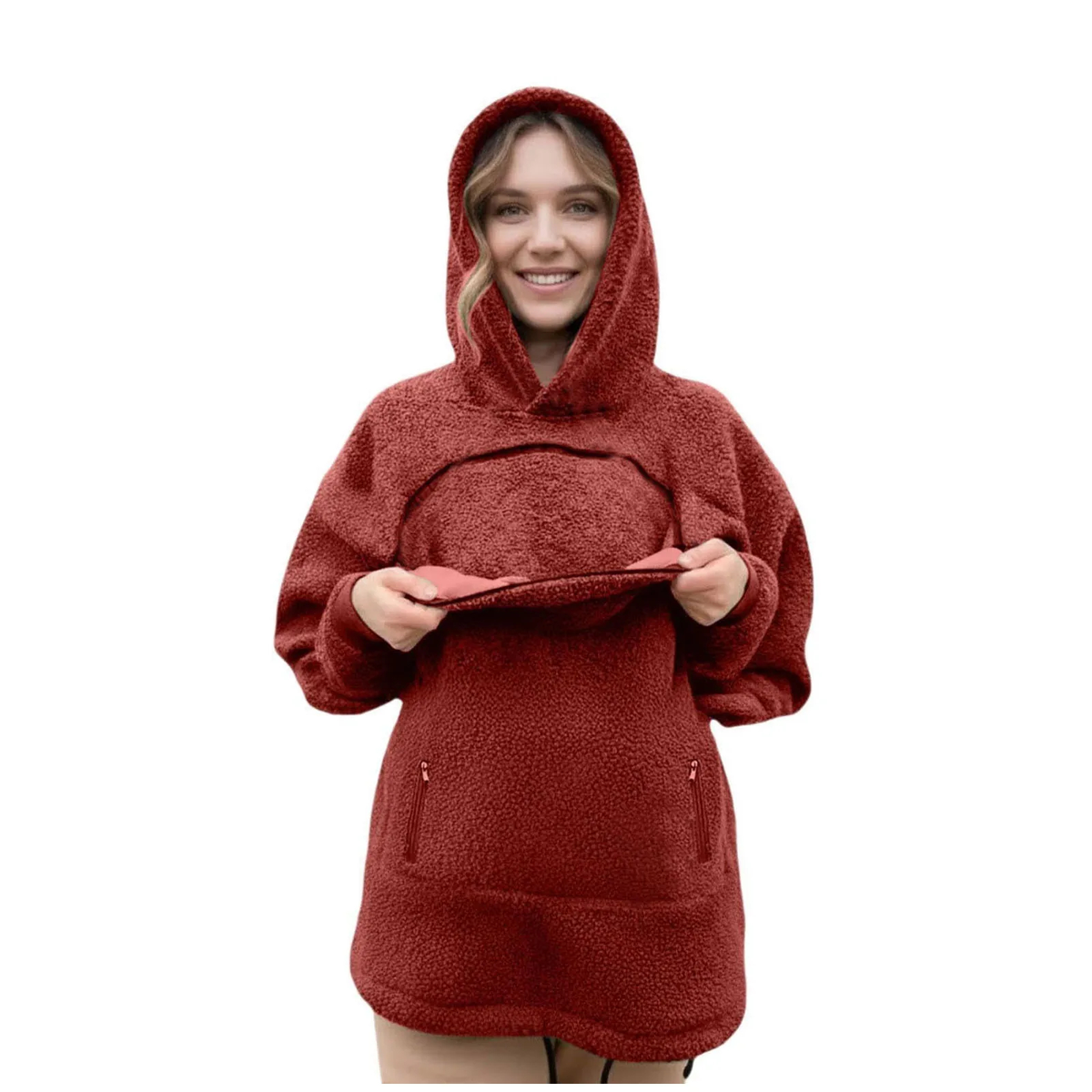 Oversized Fleece Hoodie with Front Pet Pouch for Cats and Small Dogs