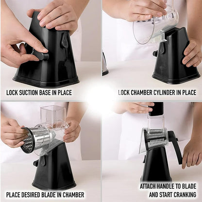 3-in-1 Rotary Cheese Grater & Vegetable Slicer - Manual Drum Grater for Cheese, Vegetables, Nuts & Fruits