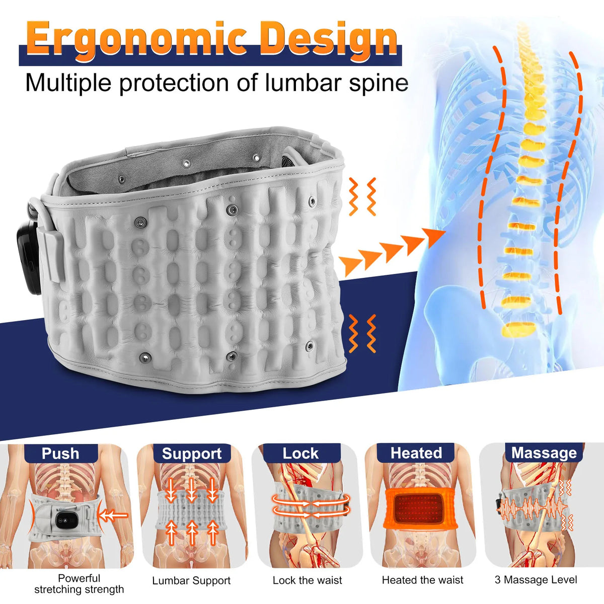 Inflatable Lumbar Support Belt with Heat and Vibration, Adjustable Back Brace