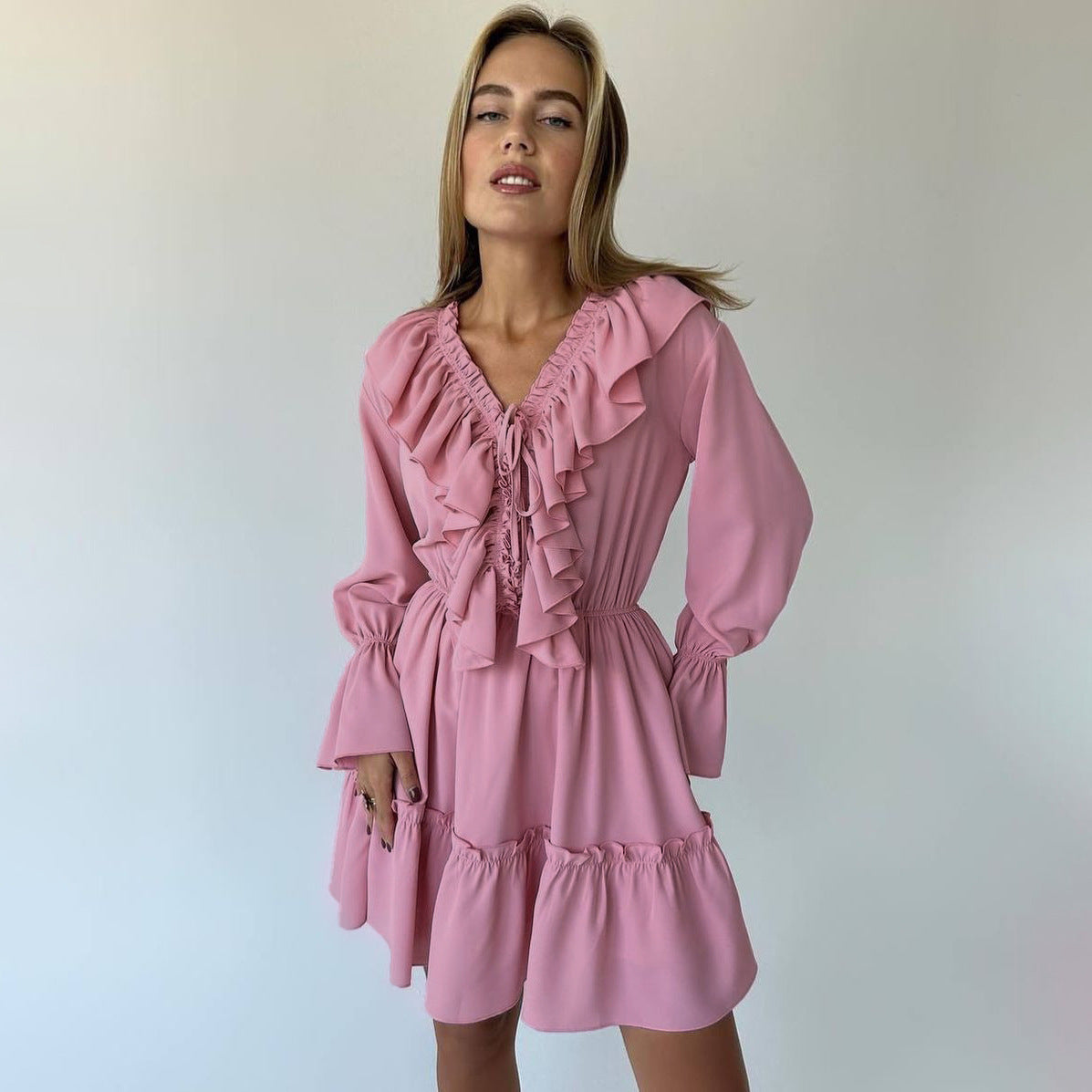 Fashion V Neck Pleated Ruffle Long Sleeve Dress Y2K V Neck Flared Sleeve Short Dress