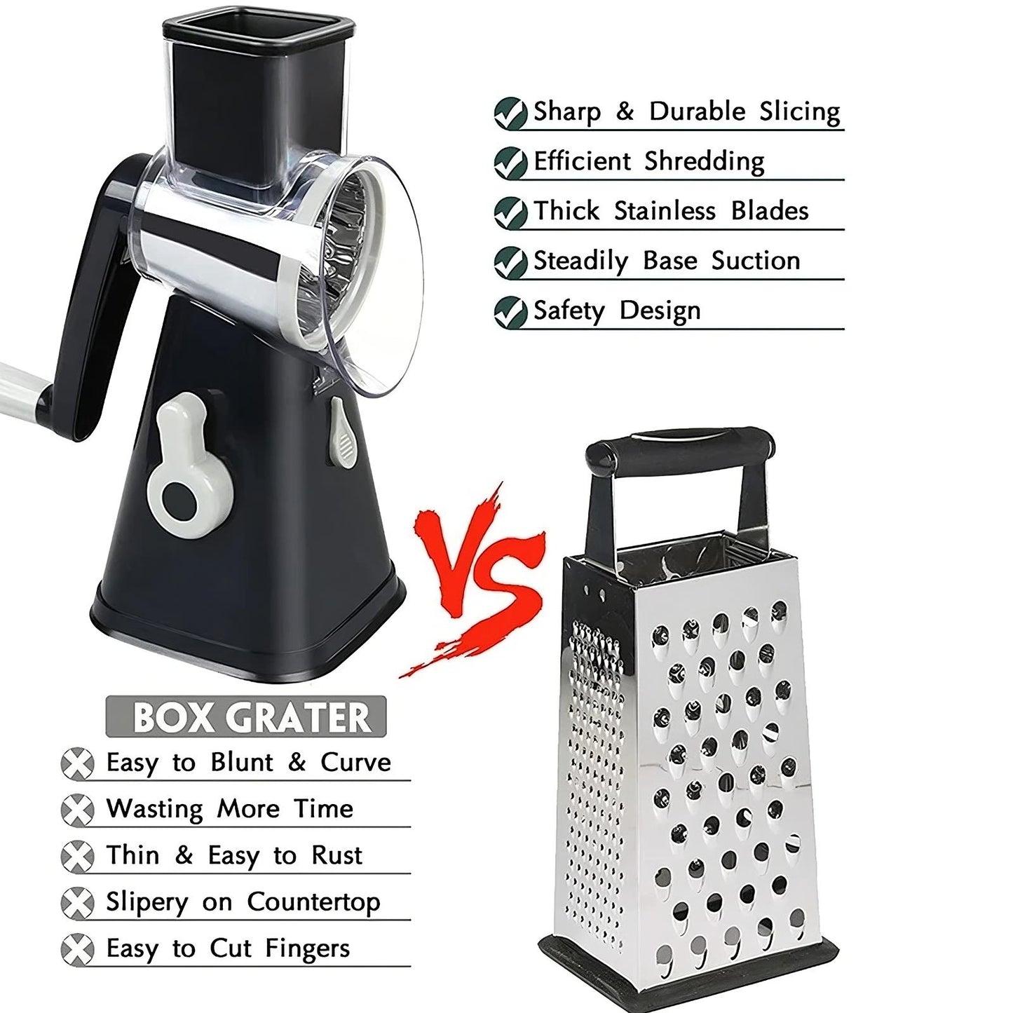 3-in-1 Rotary Cheese Grater & Vegetable Slicer - Manual Drum Grater for Cheese, Vegetables, Nuts & Fruits