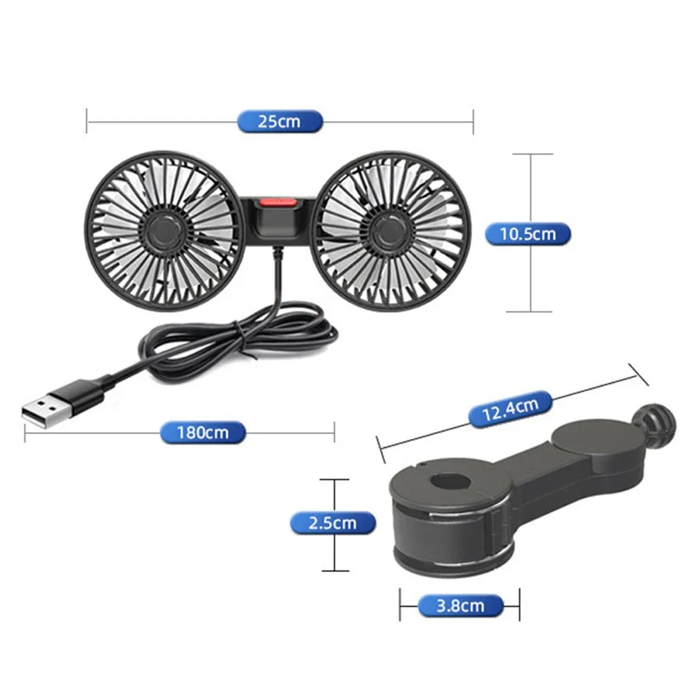 Dual-Head Car Seat Fan – 360° Adjustable Cooling Fan for Rear & Front Seats | USB Powered, Quiet & Strong Airflow