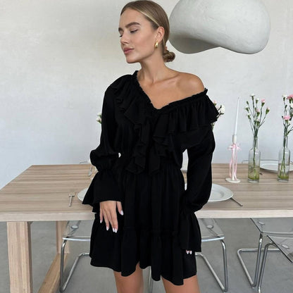 Fashion V Neck Pleated Ruffle Long Sleeve Dress Y2K V Neck Flared Sleeve Short Dress