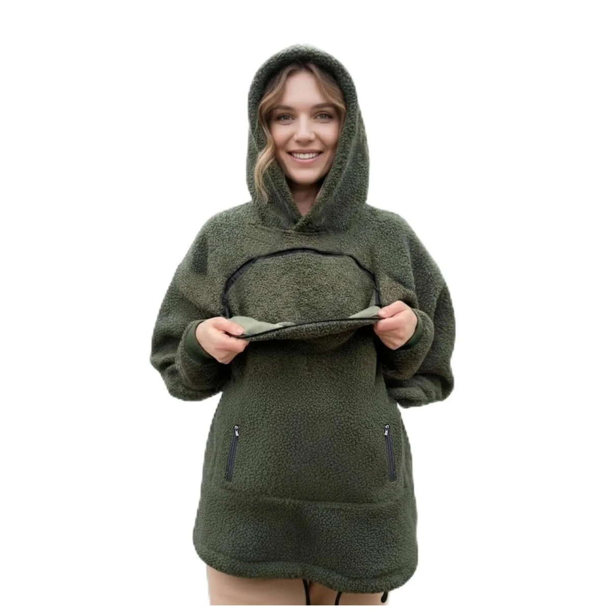 Oversized Fleece Hoodie with Front Pet Pouch for Cats and Small Dogs