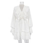 Fashion V Neck Pleated Ruffle Long Sleeve Dress Y2K V Neck Flared Sleeve Short Dress
