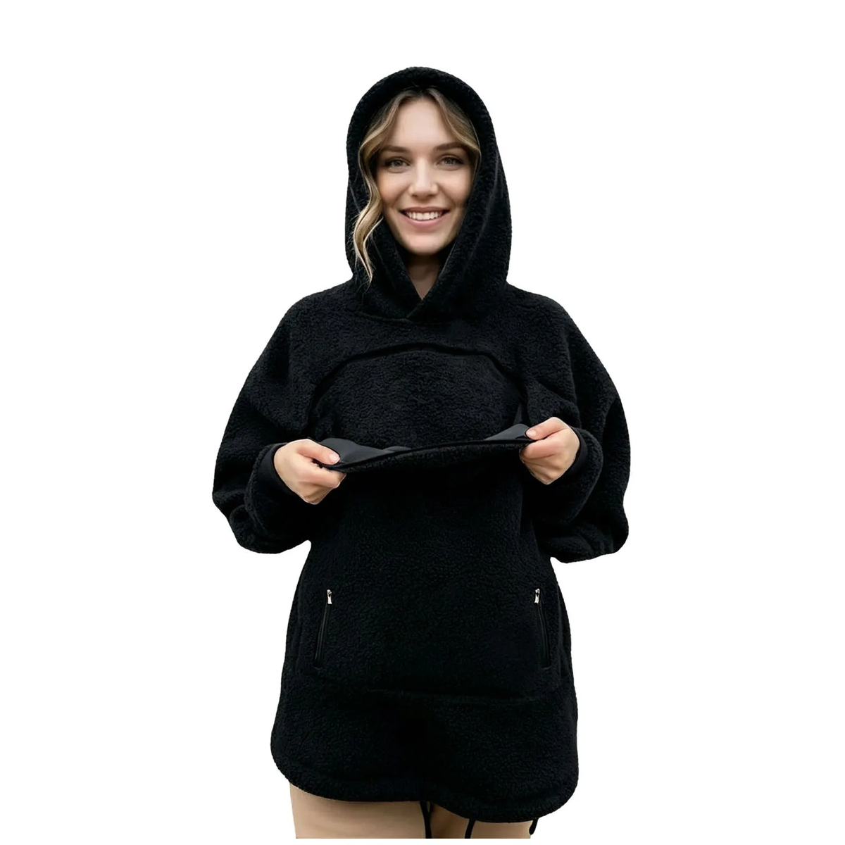 Oversized Fleece Hoodie with Front Pet Pouch for Cats and Small Dogs