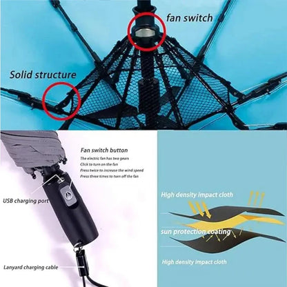 Portable Umbrella with Fan & Misting – Cooling Sun Shade for Outdoor Travel & Summer Heat