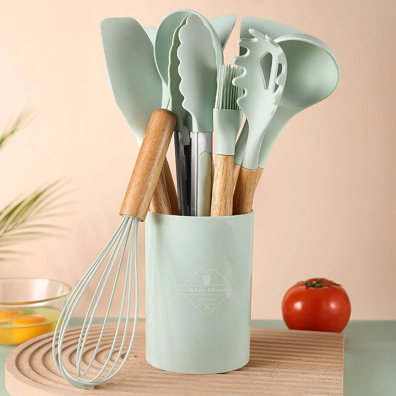 Cooking Silicone Kitchen Tool Set with Light Wood Handle 12-Piece Set