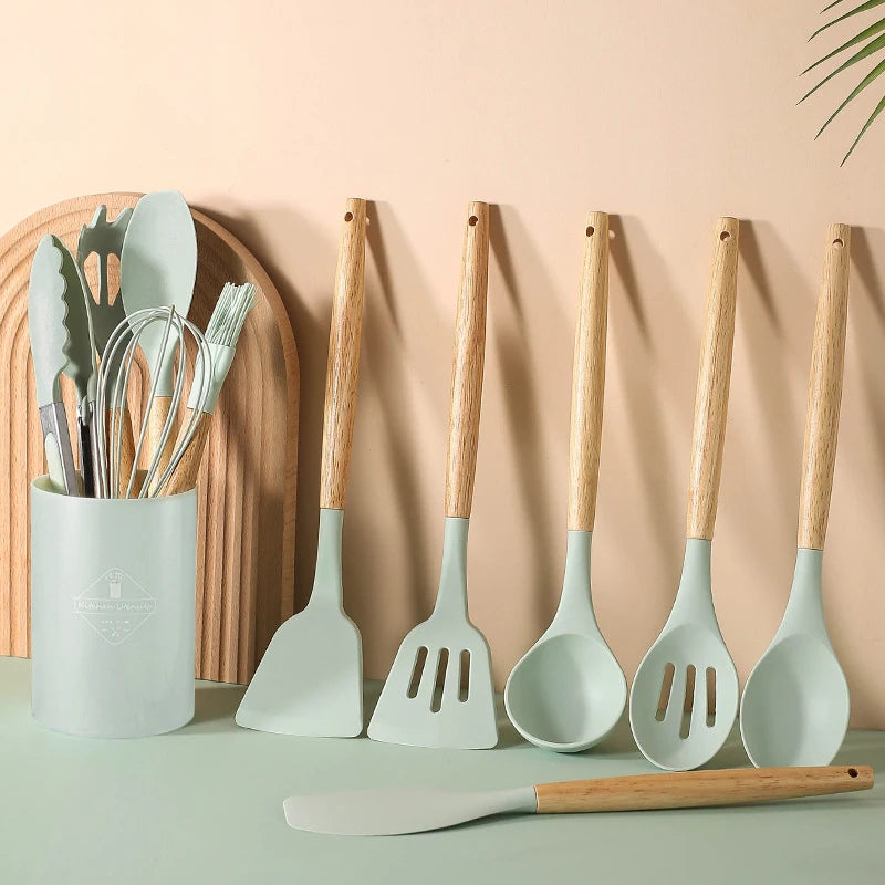 Cooking Silicone Kitchen Tool Set with Light Wood Handle 12-Piece Set