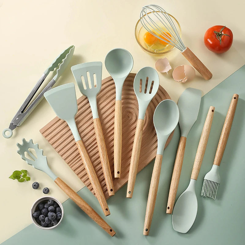 Cooking Silicone Kitchen Tool Set with Light Wood Handle 12-Piece Set