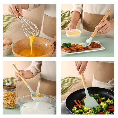 Cooking Silicone Kitchen Tool Set with Light Wood Handle 12-Piece Set
