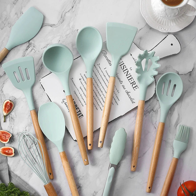 Cooking Silicone Kitchen Tool Set with Light Wood Handle 12-Piece Set