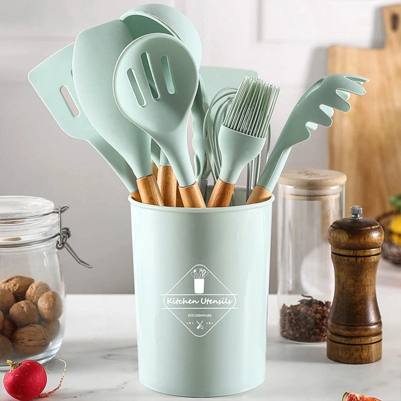 Cooking Silicone Kitchen Tool Set with Light Wood Handle 12-Piece Set