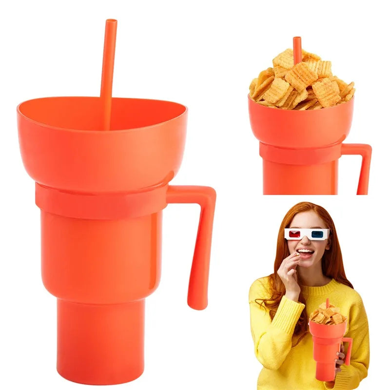 2 In 1 Snackies Cup Portable Splash Snack Bowl Chicken Storage Bowl with Handle Straw Cup