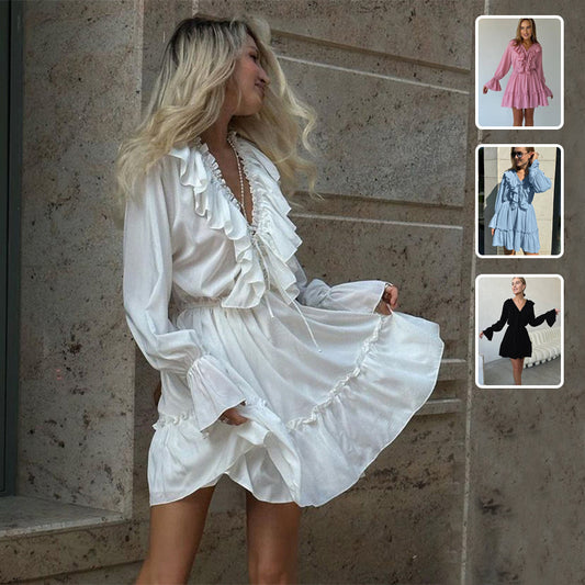 Fashion V Neck Pleated Ruffle Long Sleeve Dress Y2K V Neck Flared Sleeve Short Dress