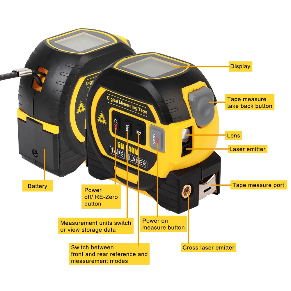 3 in 1 Laser Rangefinder LCD Display with Backlight Distance Meter Building Measurement Device Tape Measure Ruler