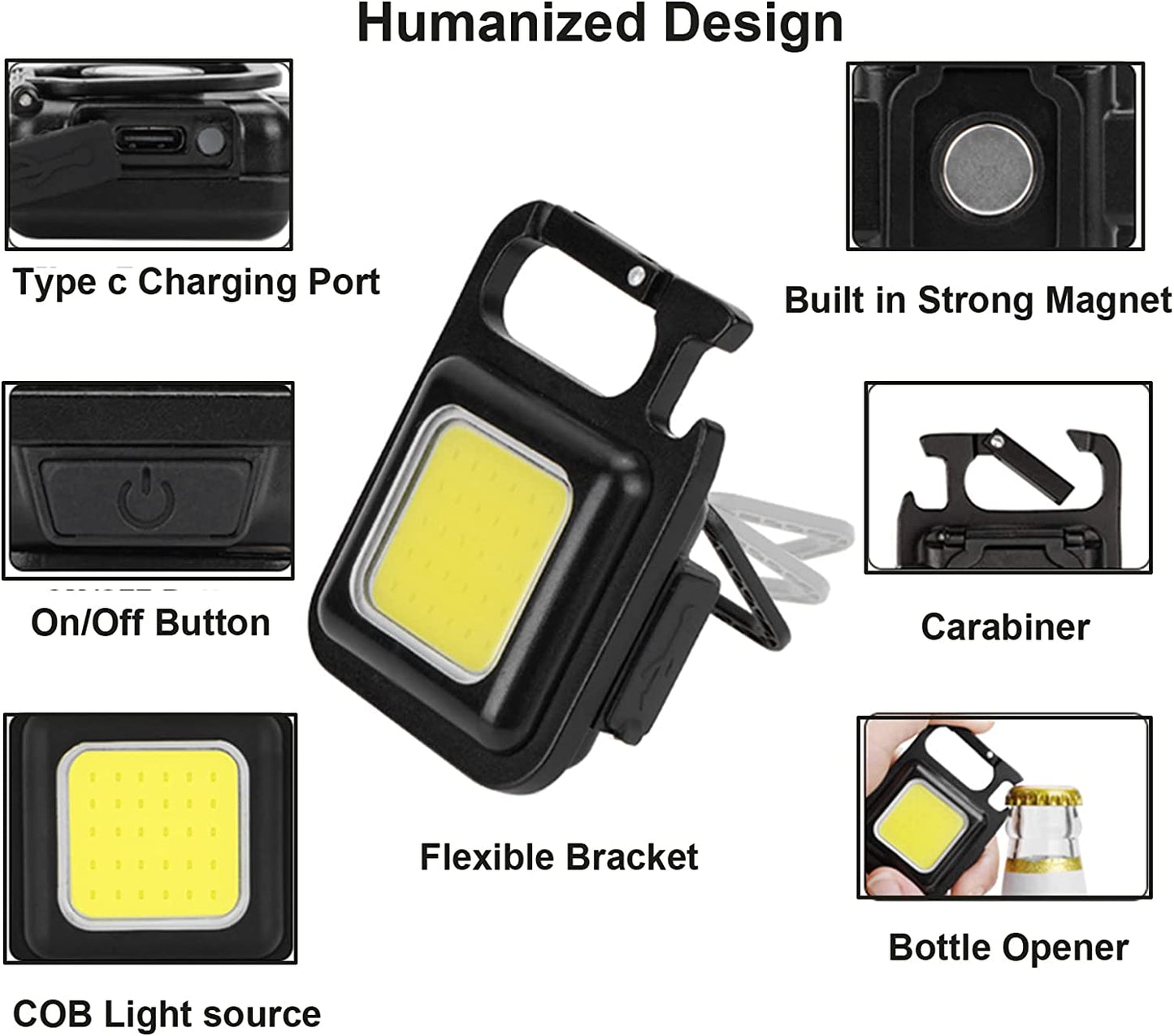 Portable Small Led Keychain Flashlights COB Work Light 2000Lumens Rechargeable Waterproof 5 Light Modes Mini Flashlights