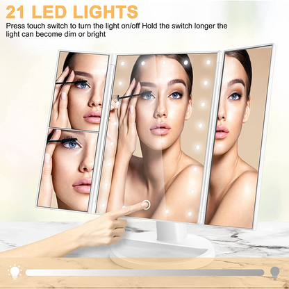 Triple Panel 1X/2X/3X LED Makeup Counter Mirror, Trifold Lighted Vanity Mirror with 36 LED Light Strips, Touch Sensor Dimmer Switch