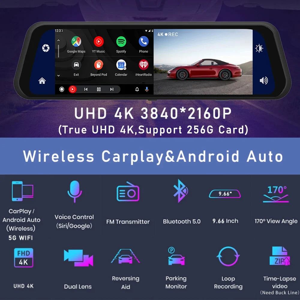 Advanced Mirror Dash Cam is an innovative automotive accessory featuring a 12-inch 4K front camera