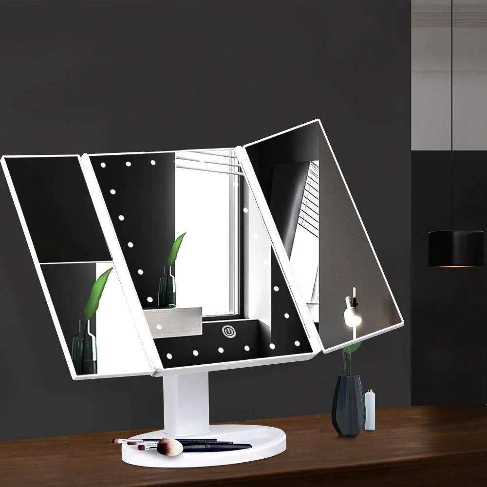Triple Panel 1X/2X/3X LED Makeup Counter Mirror, Trifold Lighted Vanity Mirror with 36 LED Light Strips, Touch Sensor Dimmer Switch