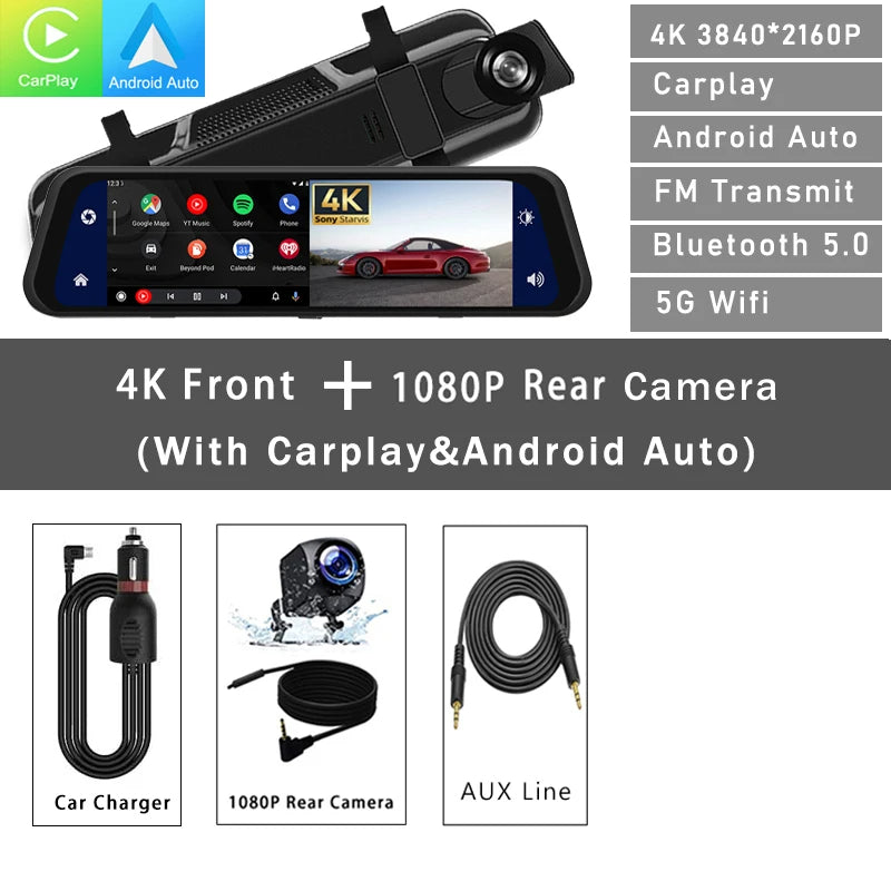 Advanced Mirror Dash Cam is an innovative automotive accessory featuring a 12-inch 4K front camera