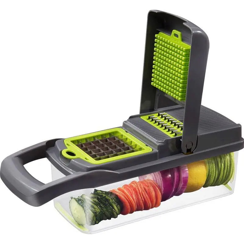 12 in 1 Vegetable Dicer, Slicer, Cutter, Salad Shooter, Julienne Peeler, Kitchen Chopper and Grater- Includes Filter Basket, Container and Hand Guard